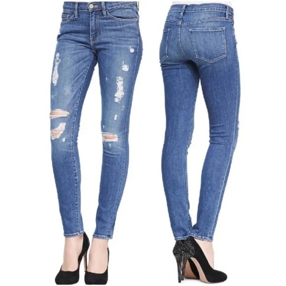 FRAME Le Skinny de Jeanne Ripped Skinny Jean in Matteson Distressed Wash Size 29